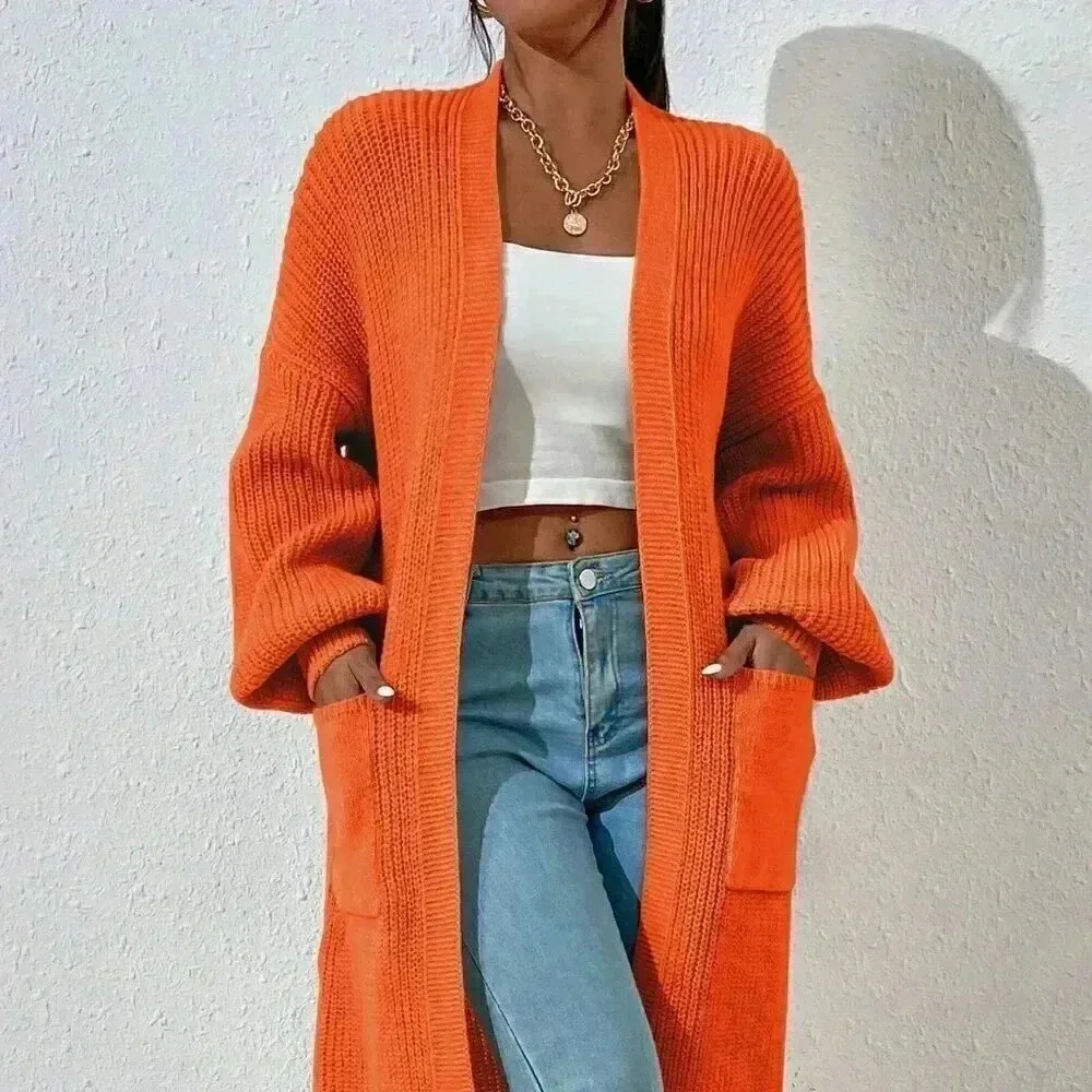 Orange Casual Women's Dual Pocket Drop Shoulder Duster Cardigan